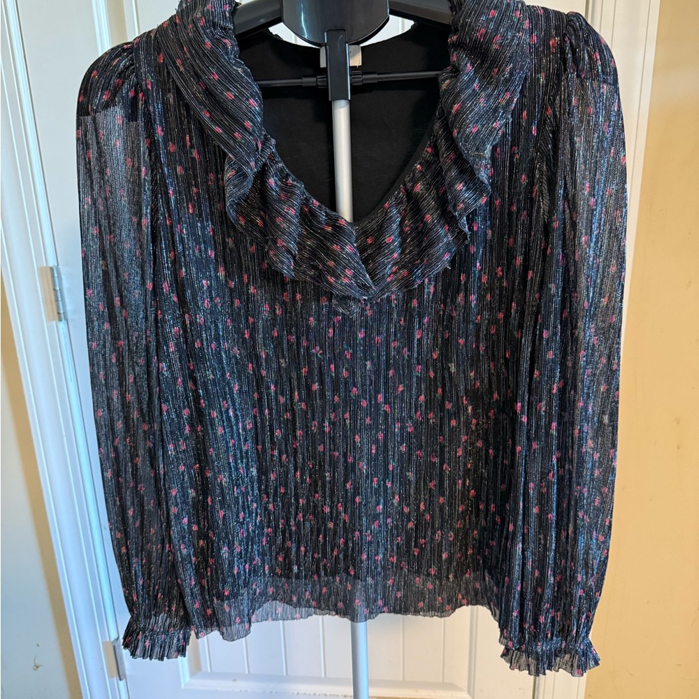 J Crew Black Floral Metallic Blouse Womens M Ruffle V Neck Shimmer Top